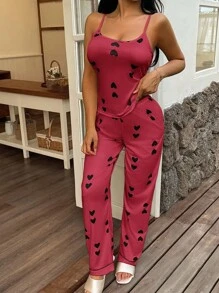 SHEIN 女士心形印花针织吊带背心和休闲裤睡衣套装，四季舒适 - 西瓜粉 - 查看 5