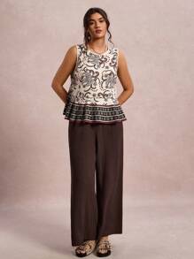 SHEIN LUNE Conjunto de 2 piezas de talla grande para mujer con top sin mangas y pantalones de pierna ancha con estampado de paisley, versátil y casual