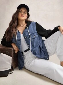 SHEIN LUNE Plus Size Two Tone Denim Jacket With Hood Winter Fall Autumn Black - Baby Blue - View 6