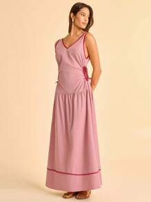 CAJUNI Contrast Color V-Neck Hollow Out Casual Summer Sleeveless Dress - Dusty Pink - View 5