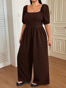 SHEIN EZwear Plus Size Women's Solid Color Puff Sleeve Loose Casual Summer Jumpsuit Brown Jumpsuit Women Puff Sleeve Brown Jumpsuit Casual Jumpsuits For Women - Brown - View 5