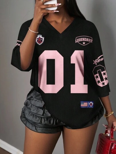 Slaydiva Casual Minimalist Pink Letter & Number 01 Pattern Women T-Shirt, Suitable For Summer