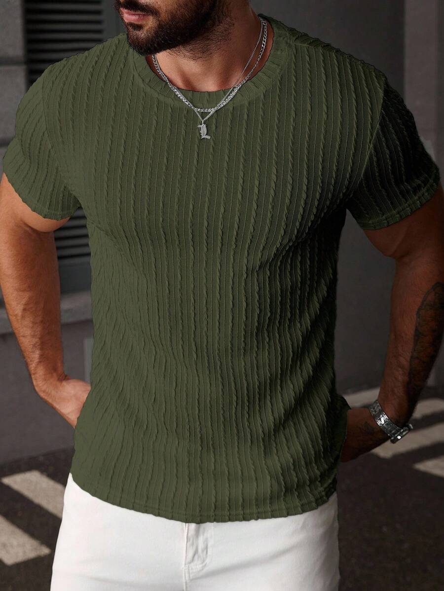 Manfinity Homme Camiseta casual de hombre con cuello redondo y manga corta de unicolor, para verano - Verde militar - Ver 1
