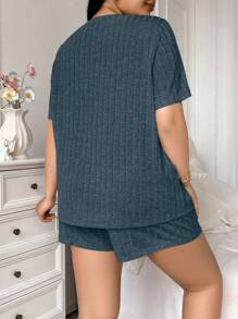 SHEIN Bộ đồ ngủ dệt kim họa tiết trái tim tối giản thoải mái cỡ lớn INS, trang phục - Màu xanh bụi bặm - Xem 2