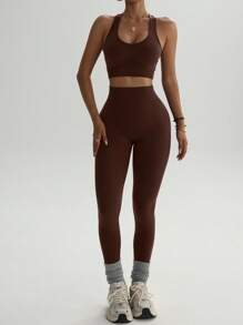 Easithlete 女士时尚纯色弹力露背运动文胸和紧身裤 2 件套运动服套装健身套装女士健身套装女士紧身裤套装