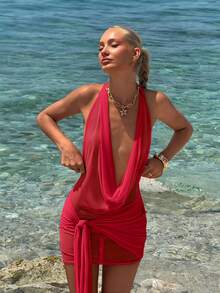 SHEIN ICON Women's Red Sheer Deep Draped Neck Ruched Tie Waist Backless Bodycon Mini Dress Draped Dress,Party Dresses For Women,Dresses For Women Party - Red - View 13
