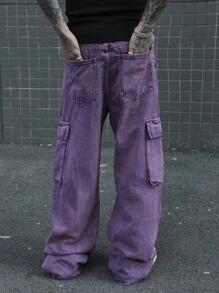 Manfinity Roghcode Celana Jeans Kargo Pria Ukuran Besar Motif Bunga Ungu, Potongan Lebar, Gaya Anak Muda, Modis dan Bergaya, Cocok untuk Pesta, Jalan-jalan, Makan Malam, Musim Panas, Gaya Vintage Y2K - Purple - View 2