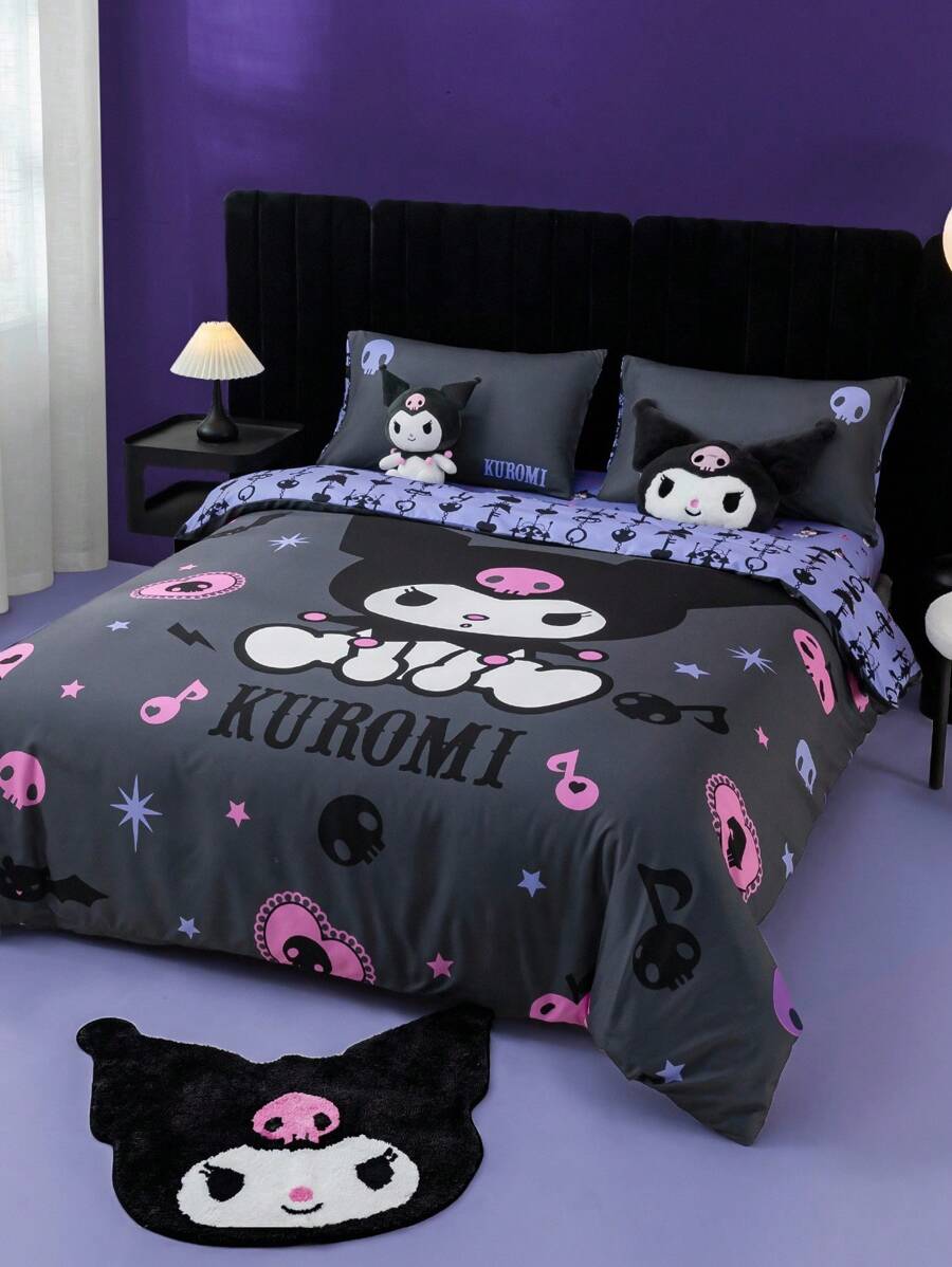 HELLO KITTY AND FRIENDS | SHEIN 3件組卡通字母印花深灰色床上用品被套組,適用單人床/雙人床/加大床/特大床,適合宿舍/居家 - 彩色 - 查看 1