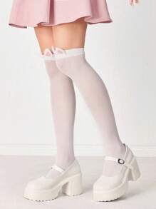ROMWE Kawaii 1双纯白色过膝袜+1双可爱猫耳发夹，猫耳性感白色纯色女学生及膝袜，高品质猫耳发夹，超薄弹力透视紧身裤 - 彩色 - 查看 5