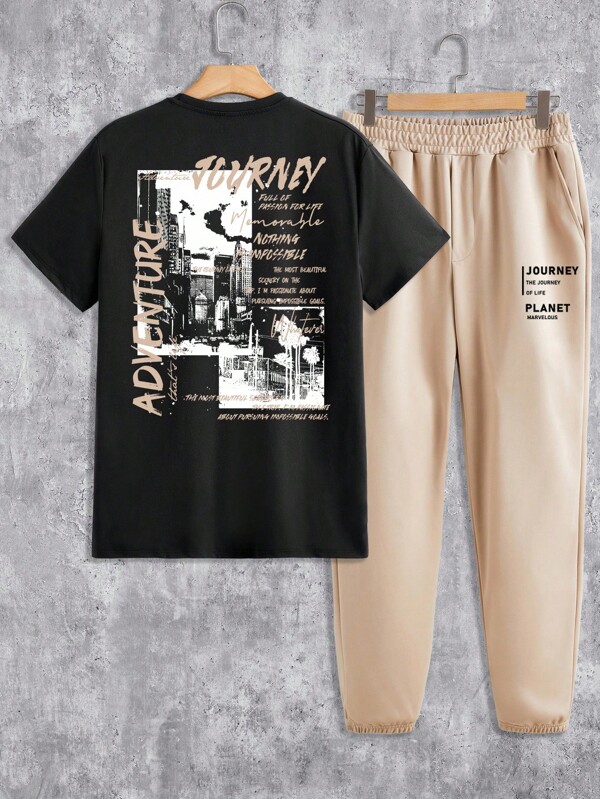 Manfinity Homme City Skyline Silhouette Graphic Patchwork Print Men's Casual T-Shirt And Khaki Pants Set