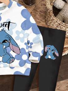 SHEIN 卡哇伊卡通蓝兔露露与史迪奇图案，蓝色渐变花卉，少女休闲圆领长袖卫衣和紧身裤两件套，适合秋冬。度假风情，阳光之旅，春季休闲装，夏季度假，家庭回忆，可爱的Y2K椰子女孩波西米亚春假，早午餐准备的淡蓝色女孩之旅，霓虹海滩风情，波西米亚嬉皮风格音乐节 - 彩色 - 查看 5