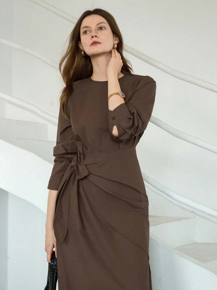 Dazy-Less 秋春宽松商务休闲风纯色简约办公室穿出通勤设计感系带抽绳扭花连衣裙套裙女两件套西装 秋季女装 - 棕色 - 查看 8