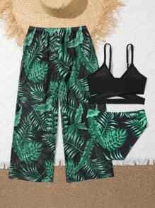 Conjunto de bikini con estampado tropical y pantalones a juego como cubrepantalones, conjunto de verano para playa para niña preadolescente - Multicolor - Ver 2