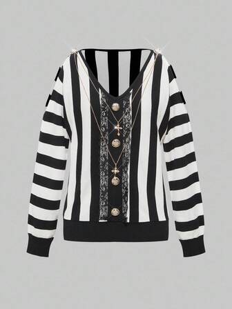 Fairycore Y2K Hot Girl Shibuya gestreifter Ketten-Cross-Patchwork-Pullover