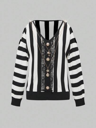 Fairycore Y2K Hot Girl Shibuya Striped Chain Cross Patchwork Sweater