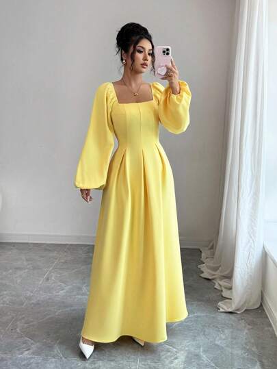 Selianne Women's Solid Color Square Neck Long Sleeve Lantern Sleeve Ruched Waist Elegant Long Dress, Summer Fashion Fall Cloth For Women