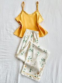 CottageSlumber Conjunto de pijama feminino de seda sintética, cor sólida, camisola, top e calças estampadas, conjunto de pijama floral, conjunto de pijama feminino, blusa amarela, calça de pijama com estampa floral, conjunto de pijama de verão, conjunto de pijama feminino, pijama de verão, pijama fofo, pijama amarelo - Amarelo - Ver 2