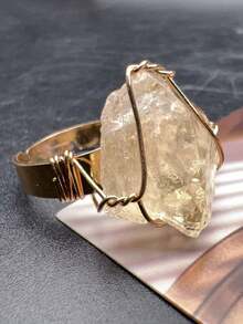 SHEIN Basic living 1pc Natural Crystal Rough Raw Ring Healing Gemston Statement Copper Wire Wrapped Asymmetric Crystal Gemstone Adjustable Adjustable Rings Jewelry For Women Girls Best Gifts Birthday Graduation