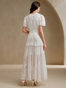 Anewsta Vestido Elegante Azul com Renda e Manga Curta, Estilo Boêmio para Festivais de Música, Primavera/Verão, Feminino - Branco - Visão 5