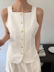 DAZY Chaleco casual sin mangas para mujer, de tela texturizada, de unicolor, cuello redondo, ajustado, chaleco de otoño - Blanco - Ver 7