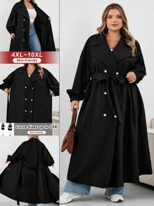 SHEIN CURVE+ Plus Size Women's Black Long Windbreaker, Black Long Sleeve Minimalist Casual Everyday Jacket Plus Size Trench Coat 8xl Women Coat Curve Trench Coat Plus Size Fall Coat,Fall Clothes For Womenfall Clothes For Women,Winter,CURVE PLUS Autumn - Black - View 1