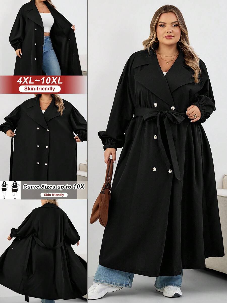 SHEIN CURVE+ Plus Size Women's Black Long Windbreaker, Black Long Sleeve Minimalist Casual Everyday Jacket Plus Size Trench Coat 8xl Women Coat Curve Trench Coat Plus Size Fall Coat,Fall Clothes For Womenfall Clothes For Women,Winter,CURVE PLUS Autumn - Black - View 1