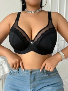 SHEIN 1pc Plus Size Lace Patchwork Underwire Bra, Lift - Black - View 7