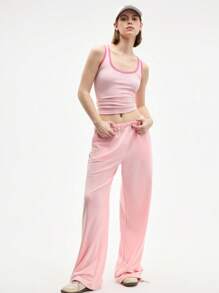 Eassivo Eassivo 女士休闲宽松阔腿纯色运动裤 - 粉色 - 查看 3