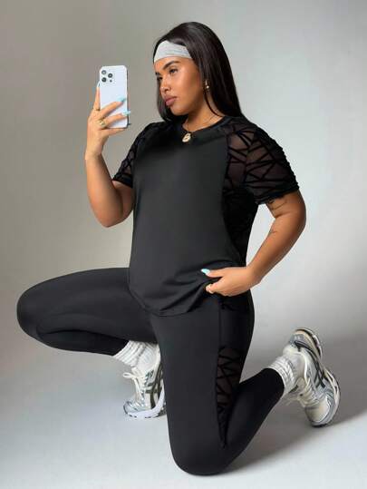 Easithlete 女式加大码网眼拼布短袖上衣和紧身裤运动套装