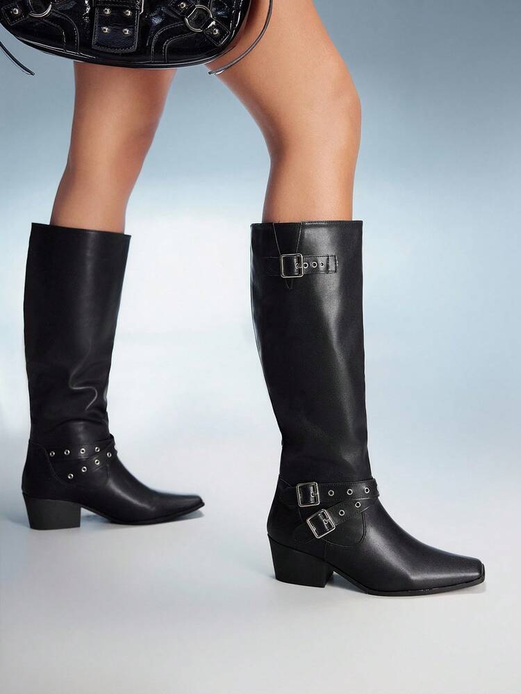 CUCCOO GRLICON Women's Outdoor Square Toe Chunky Heel Black PU Fabric Silver Button Decor Fashion Comfortable Daily Party Slip-On Boots, Suitable For Christmas, Halloween, Y2K Style