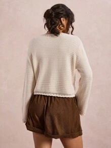 SHEIN VCAY 大码休闲纽扣前喇叭袖开衫 - 杏色 - 查看 2