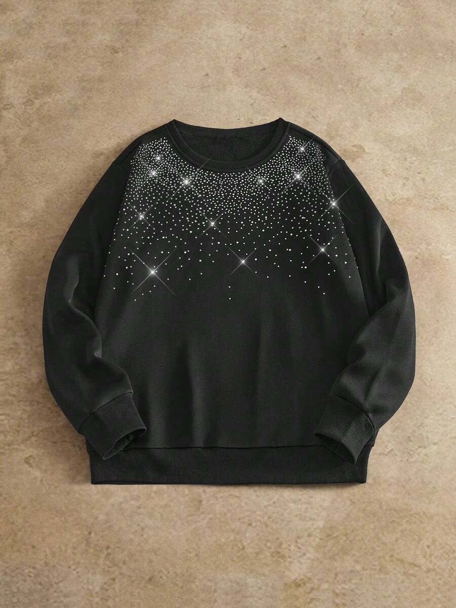 Manfinity NXTstreet Men's Casual Rhinestone Decor Loose Drop Shoulder Crew Neck Pullover Sweatshirt Rhinestone Sweatshirt Black Rhinestone Sweatshirt Rhinestone Hoodies Black Sweatshirt, Fall, Winter
