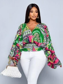 SOLERSUN Plus Size Women's Casual V-Neck Loose Floral Print Long Sleeve Blouse, Versatile Top For Commuting, Dating, Office, Vacation - Green - View 4