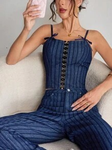 Elenzga Camizolă din denim cu curea și fundă pentru femei, la modă, casual