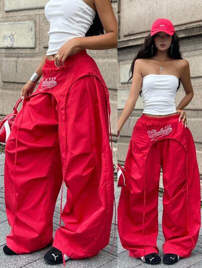 Coolane Summer Outfits Women's Plus Size ,   Valentine's Day  Streetwear Y2K Casual Letter Print Patchwork Design Pleated Wide Leg Loose Pants,Carnival Outfit