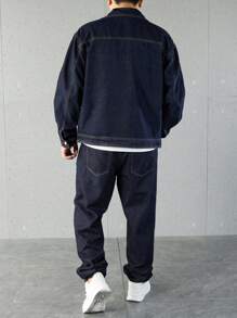 Manfinity Homme Bộ đồ denim nam màu trơn dài tay thường ngày và quần dài, bộ đồ denim nam, bộ đồ denim xanh navy 2 món, quần áo mùa thu - Màu xanh hải quân - Xem 2