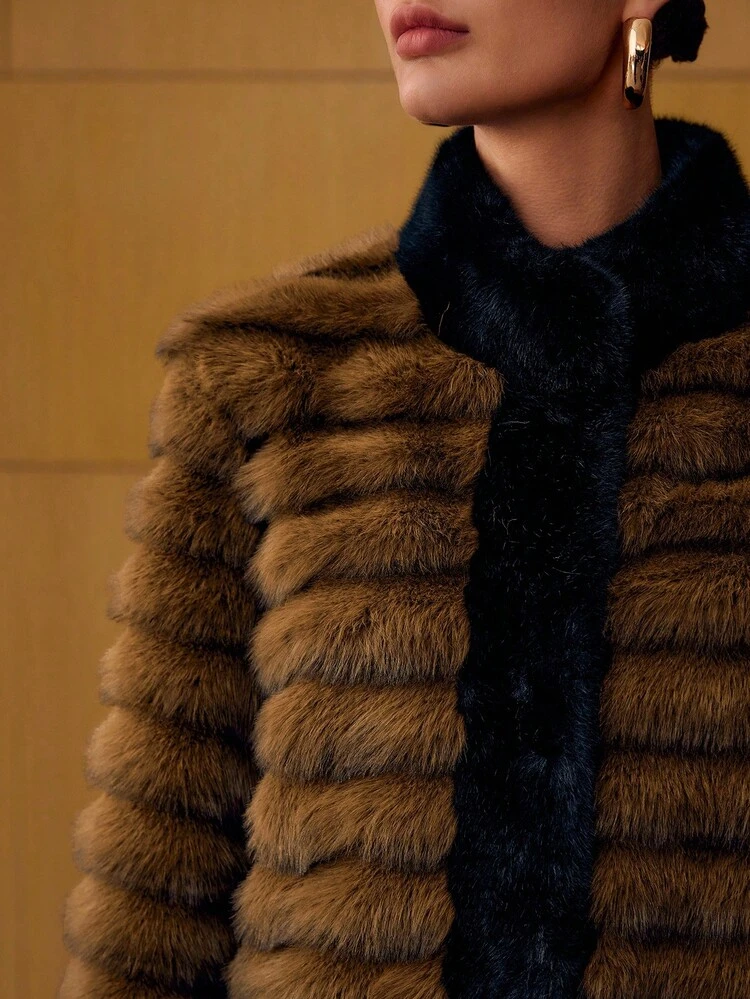 CONTRAST TRIM SNAP BUTTON FAUX FUR COAT