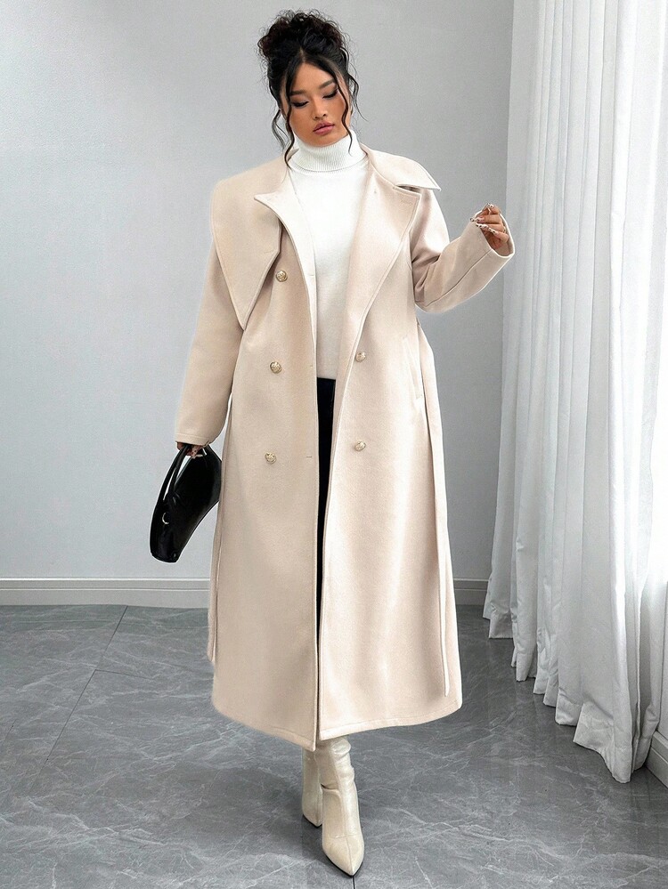 Elenzga Plus Size Women's Solid Color Tie Waist Double-Breasted Long Sleeve Elegant High-Quality Romantic Long Woolen Coat Beige Coat Winter Coat Women Neutral Coat Women Trench Coat Classic Women Coat Winter Autumn Fall - Apricot - View 4