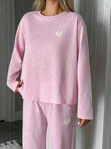 EURMUSE Conjunto de 2 peças de camisa e calça de manga comprida com bordado de coração e gola redonda plus size para mulheres, roupa de casa elegante - Rosa - Ver 4