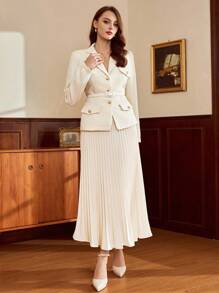 Vintamour 复古经典优雅女士西装套装春夏合身口袋翻盖西装外套腰带百褶裙长袖西装套装秋冬米色西装套装 - 米色 - 查看 5