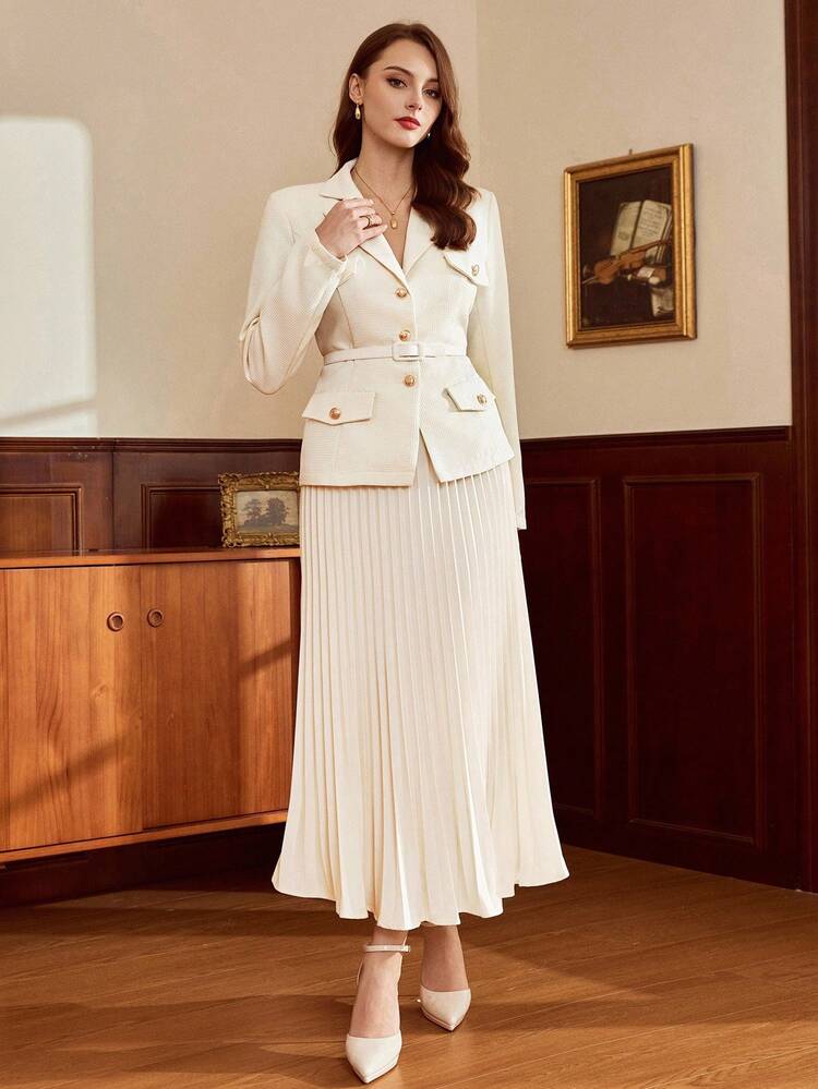 Vintamour 复古经典优雅女士西装套装春夏合身口袋翻盖西装外套腰带百褶裙长袖西装套装秋冬米色西装套装 - 米色 - 查看 5