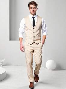 SHEIN 2 件套青少年男孩绅士装，包括灰色修身背心 + 休闲长裤，优雅正式服装，适合生日、婚礼、毕业典礼、派对、婚礼嘉宾、花童、戒指男孩 - 卡其色 - 查看 1