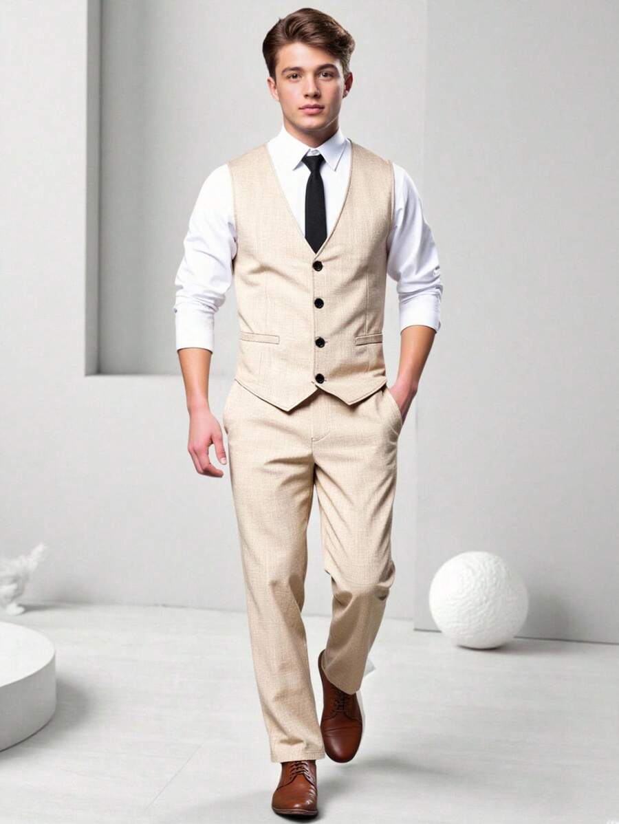 SHEIN 2 件套青少年男孩绅士装，包括灰色修身背心 + 休闲长裤，优雅正式服装，适合生日、婚礼、毕业典礼、派对、婚礼嘉宾、花童、戒指男孩 - 卡其色 - 查看 1