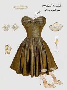 SHEIN MOD 女士金色褶皱时尚短款抹胸连衣裙