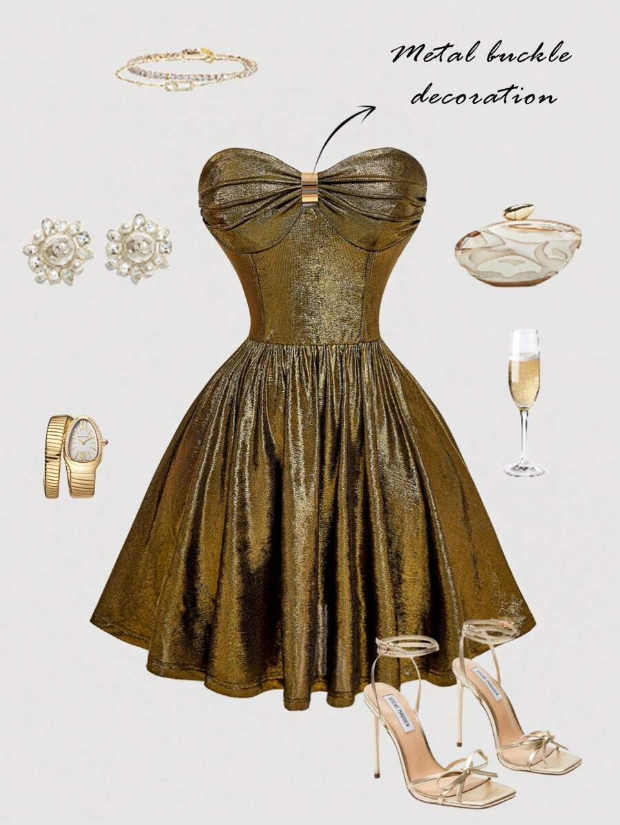 SHEIN MOD 女士金色褶皱时尚短款抹胸连衣裙