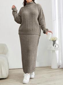 EURMUSE Cable Knit Turtleneck Sweater And Skirt Two Pieces Set - Mocha Brown - View 3