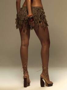 MUSERA Knitted Layered Fray Mini Skirt Summer, Vacation, Festival, Y2k Ibiza Beach Holiday Rave  Fall Winter  Winter Elegant Party Evening New Years Party - Brown - View 4