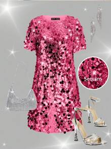 Ellevyn Silver Sequins Decor Belted Cocktail Dress, Suitable For Date Night, Party, Wedding