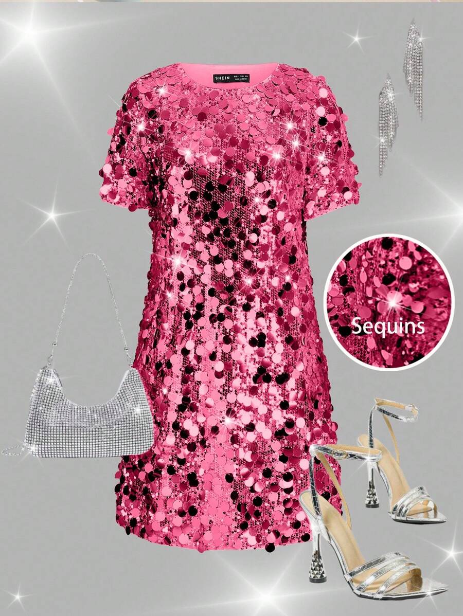 Ellevyn Silver Sequins Decor Belted Cocktail Dress, Suitable For Date Night, Party, Wedding