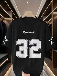 Manfinity Homme Áo thun nam cổ tròn tay ngắn họa tiết số thường ngày, đa năng cho mùa hè - màu đen - Xem 3